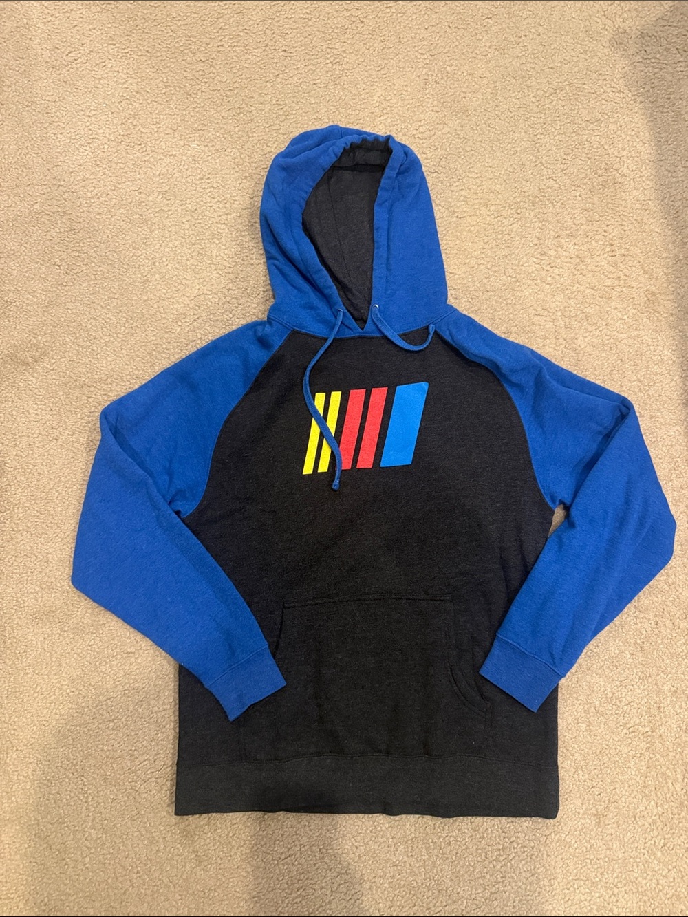 Nascar Black Hoodie with Blue Sleeves and Multicolor Stripe Emblem
